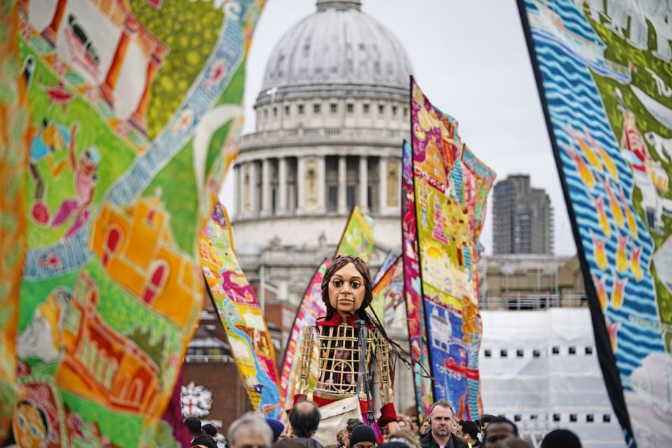 Little Amal welcomed at St Paul’s Cathedral (Aaron Chown/PA)