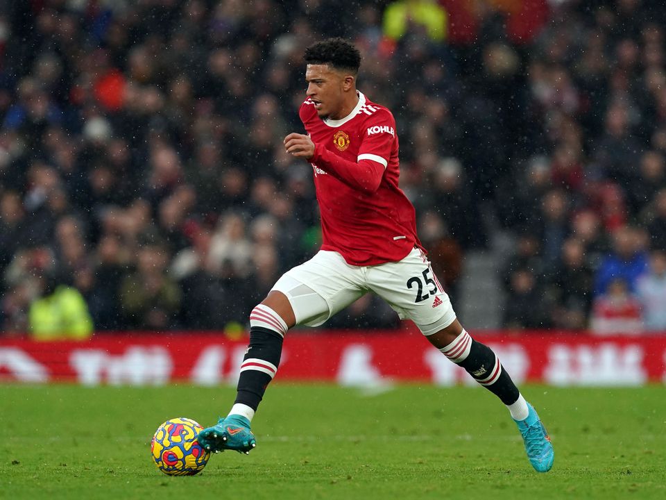 Manchester United's Jadon Sancho during the Premier League match at Old Trafford, Manchester. Picture date: Saturday February 12, 2022.