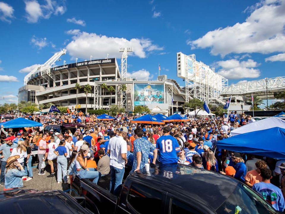 An epic tailgate party outside an NFL stadium