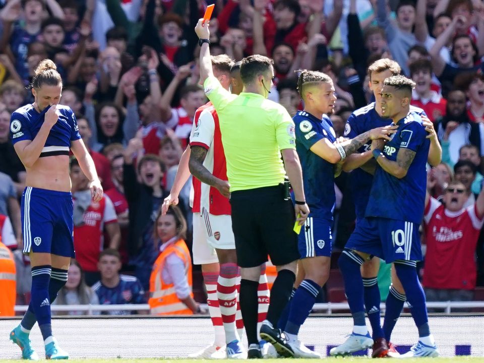 Luke Ayling (second left) was given his marching orders at Arsenal (Mike Egerton/PA)