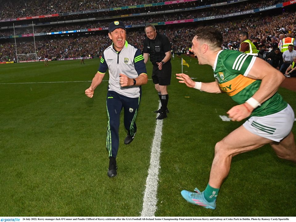 24 July 2022; Kerry manager Jack O'Connor and Paudie Clifford of Kerry celebrate after the GAA Football All-Ireland Senior Championship Final match between Kerry and Galway at Croke Park in Dublin. Photo by Ramsey Cardy/Sportsfile
