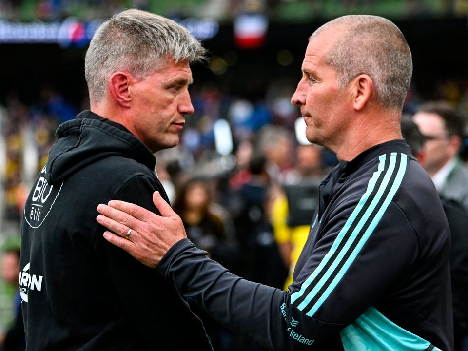 La Rochelle head coach Ronan O'Gara, left, and Leinster senior coach Stuart Lancaster after the Champions Cup final at Aviva Stadium in Dublin