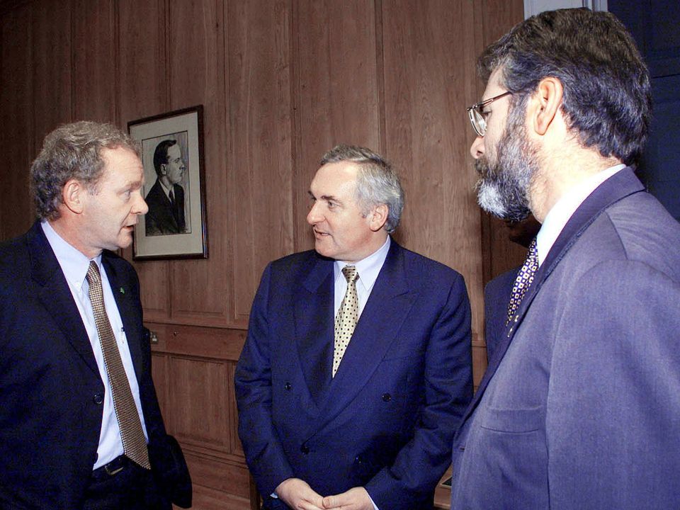 Taoiseach Bertie Ahern with Gerry Adams and Martin McGuinness. PA Photo: Chris Bacon