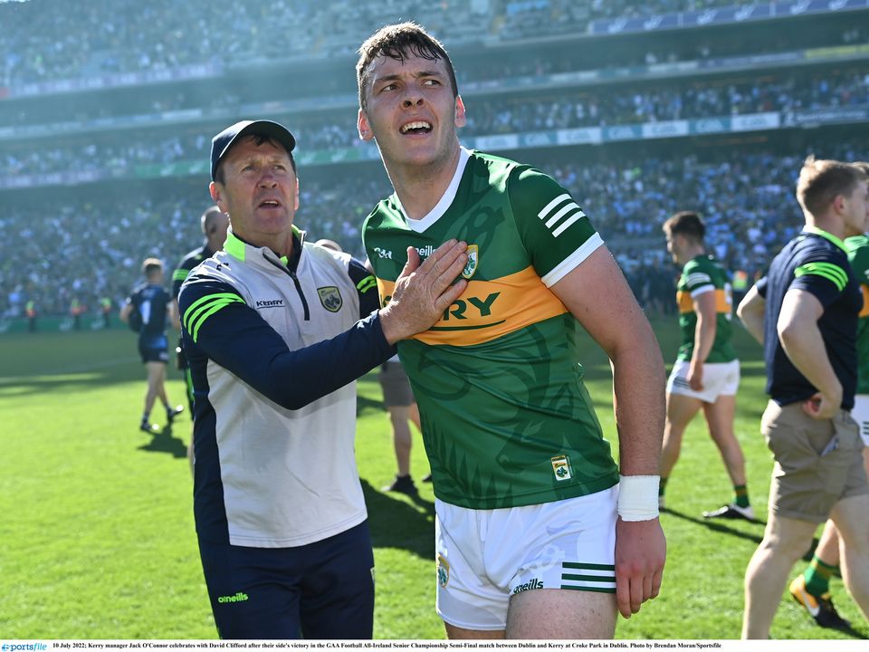 10 July 2022; Kerry manager Jack O'Connor celebrates with David Clifford after their side's victory in the GAA Football All-Ireland Senior Championship Semi-Final match between Dublin and Kerry at Croke Park in Dublin. Photo by Piaras Ó Mídheach/Sportsfile