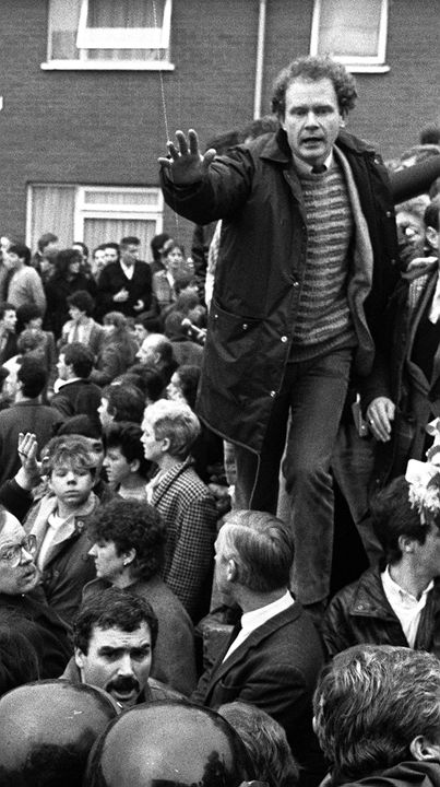 Alfredo "Freddie" Scappaticci (bottom left hand corner of picture) pictured at the 1987 funeral of IRA man Larry Marley.Scappaticci was yesterday named as 'Stakeknife' the Army's top informer/mole inside the IRA...Sinn Fein leader Martin McGuinness is also pictured (top right)PICTURE COPYRIGHT:  PACEMAKER PRESS