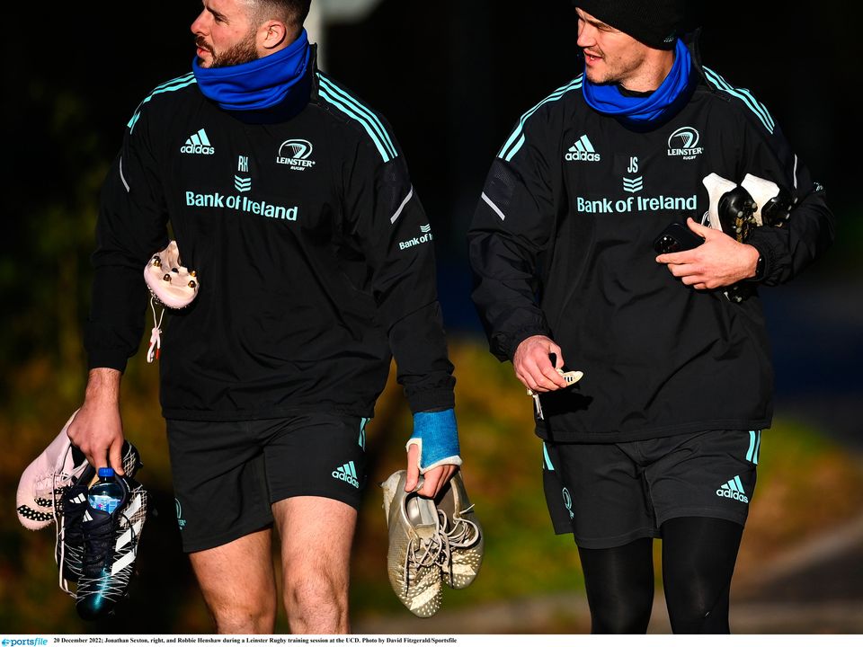 Out of action: Jonathan Sexton, right, and Robbie Henshaw. Photo by David Fitzgerald/Sportsfile