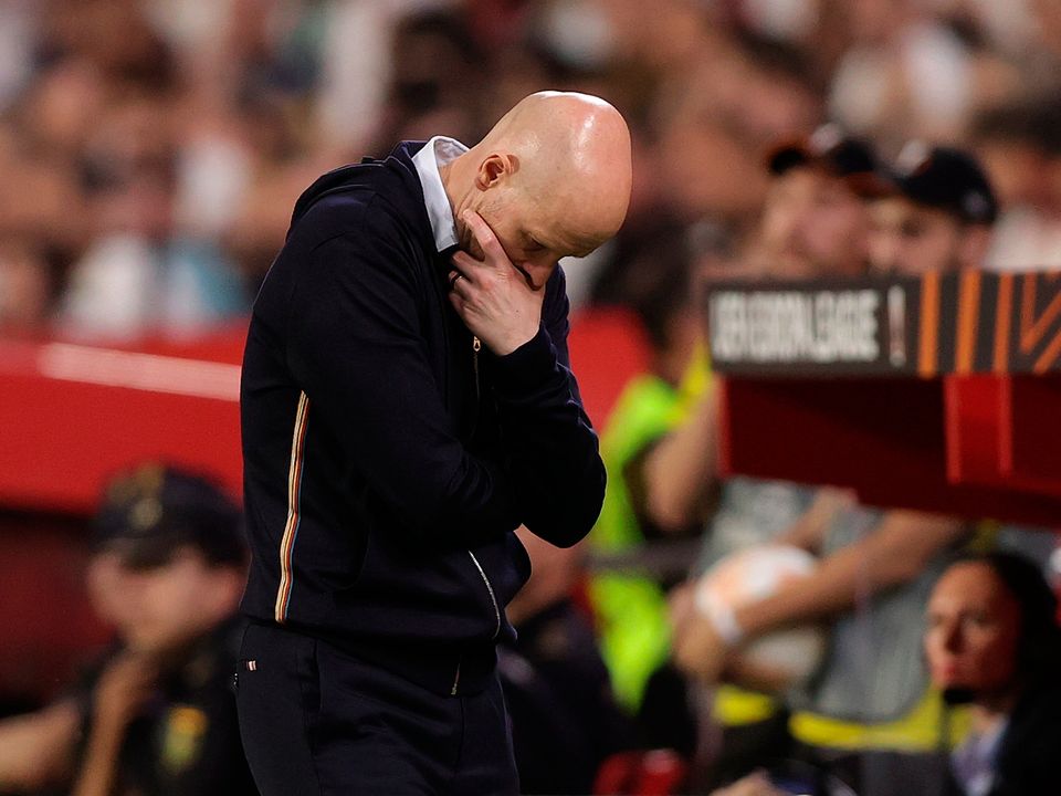 SEVILLE, SPAIN - APRIL 20: Erik ten Hag, Manager of Manchester United, looks dejected during the UEFA Europa League Quarterfinal Second Leg match between Sevilla FC and Manchester United at Estadio Ramon Sanchez Pizjuan on April 20, 2023 in Seville, Spain. (Photo by Gonzalo Arroyo Moreno/Getty Images)