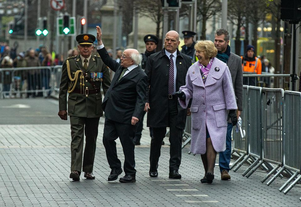 President Michael D Higgins and his wife Sabina at the 1916 Easter Rising ceremony outside the GPO on Dublin’s O’Connell Street. Pic: Mark Condren