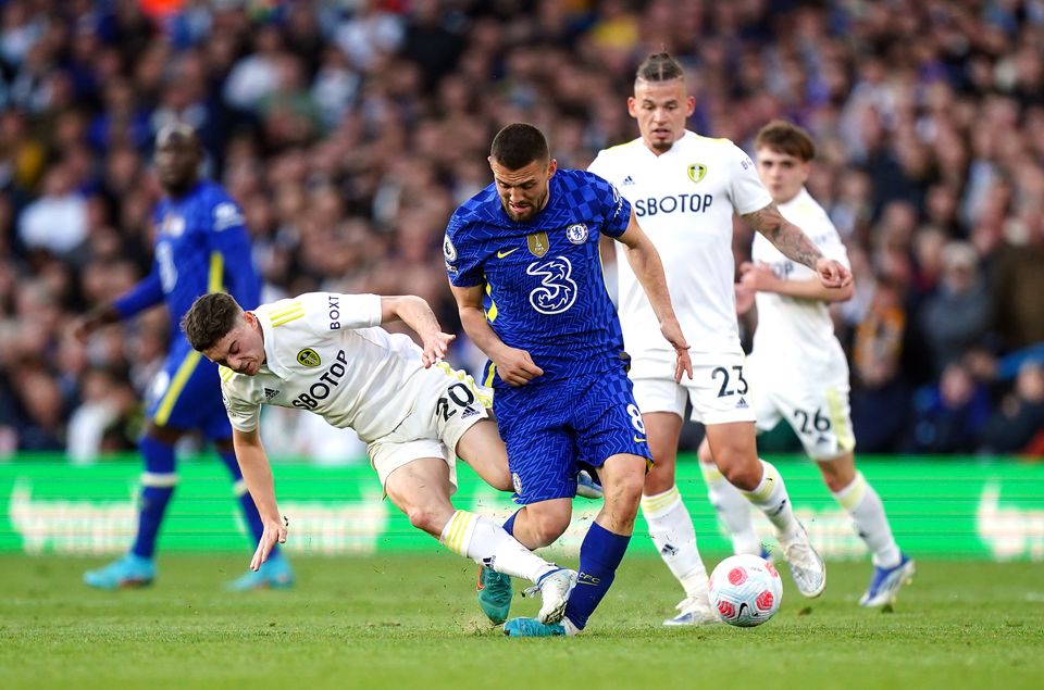 Dan James was shown a straight red card for his reckless challenge on Chelsea’s Mateo Kovacic (Mike Egerton/PA)
