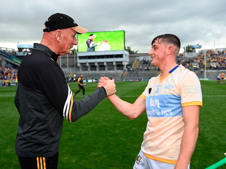 Kilkenny manager Brian Cody and Cian Kenny after their side's victory over Clare in Saturday's All-Ireland SHC semi-final at Croke Park. Photo: Harry Murphy/Sportsfile