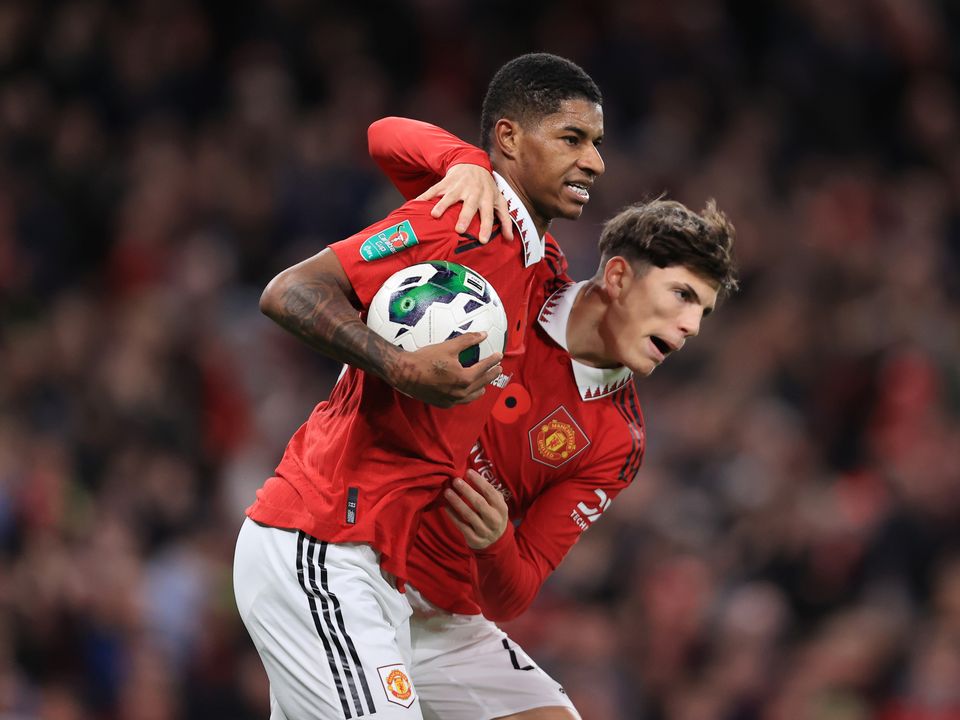 MANCHESTER, ENGLAND - NOVEMBER 10: Marcus Rashford of Manchester United (L) celebrates with Alejandro Garnacho of Manchester United after scoring their 2nd goal during the Carabao Cup Third Round match between Manchester United and Aston Villa at Old Trafford on November 10, 2022 in Manchester, England. (Photo by Simon Stacpoole/Offside/Offside via Getty Images)