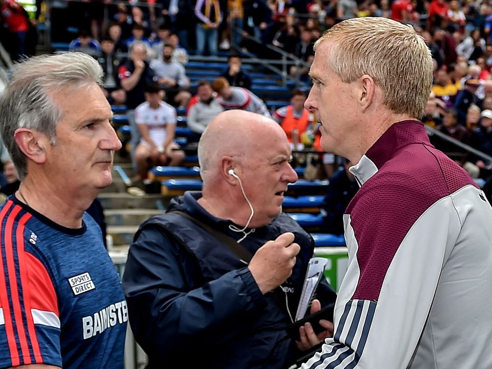 Cork manager Kieran Kingston shakes hands with Galway manager Henry Shefflin after the All-Ireland SHC Quarter-final at Semple Stadium in Thurles. Photo by Sportsfile