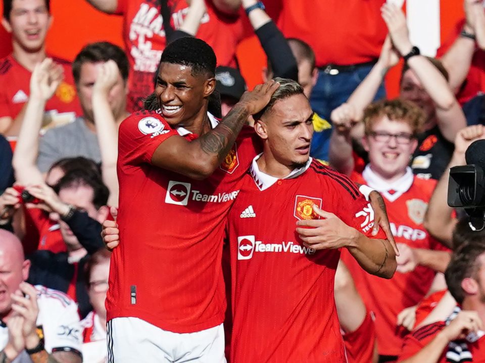 Manchester United's Antony (right) celebrates with Marcus Rashford after scoring their side's first goal of the game during the Premier League match at Old Trafford, Manchester. Picture date: Sunday September 4, 2022.