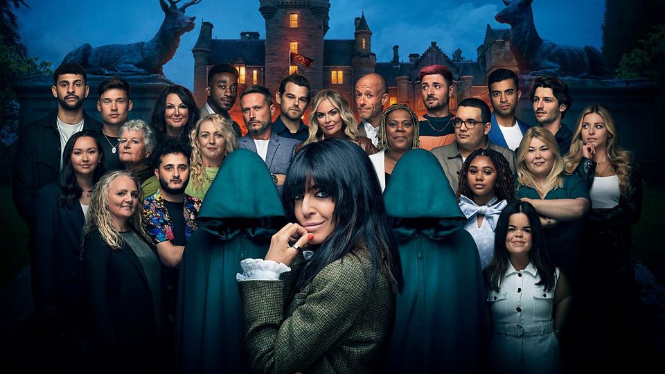 The 22 contestants on The Traitors with TV host Claudia Winkleman
