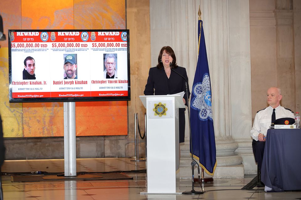 The US ambassador Claire Cronin announces a reward up to $15m for information leading to the dismantling of the Kinahan cartel. Photo: Frank McGrath