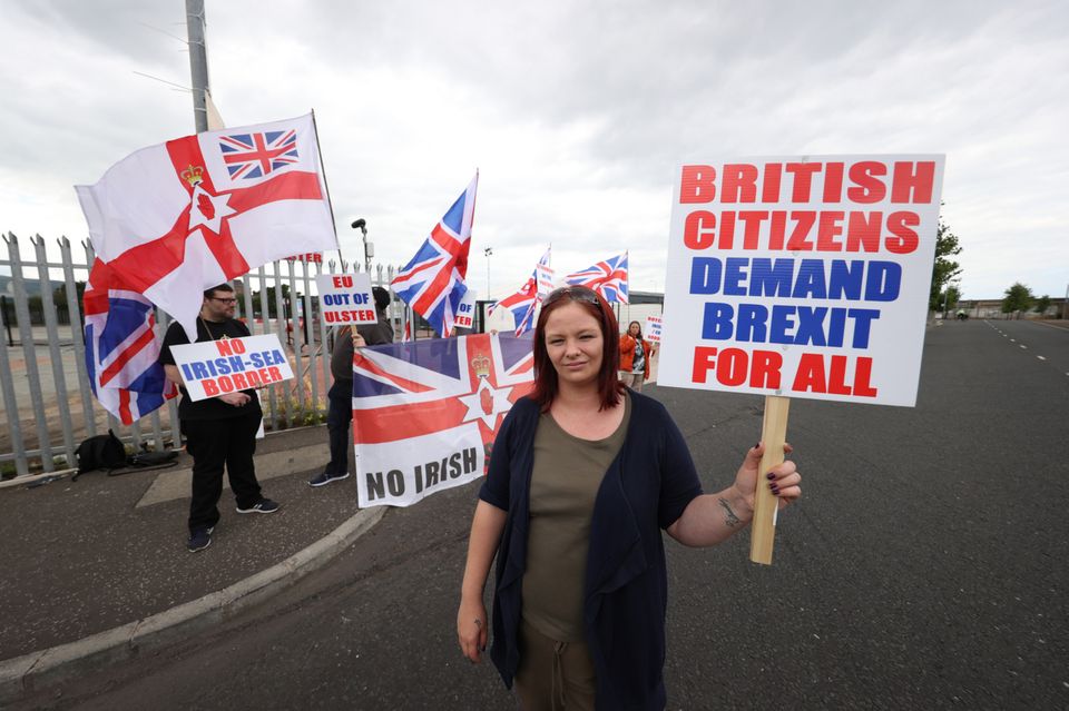 Former Belfast councillor Jolene Bunting protests with supporters against the Northern Ireland Protocol Credit: Liam McBurney/RAZORPIX ...N
