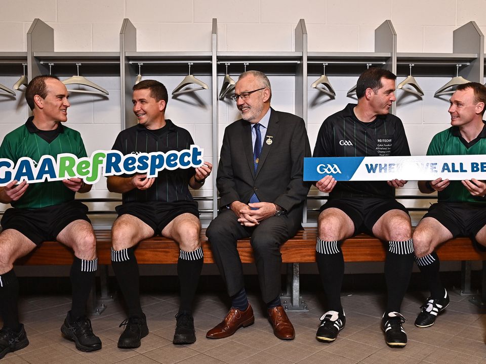 GAA president Larry McCarthy with referees, from left, David Coldrick, Colm Lyons, Thomas Gleeson and Sean Hurson at the launch of Respect The Referee Day at Croke Park. Photo: Sam Barnes/Sportsfile