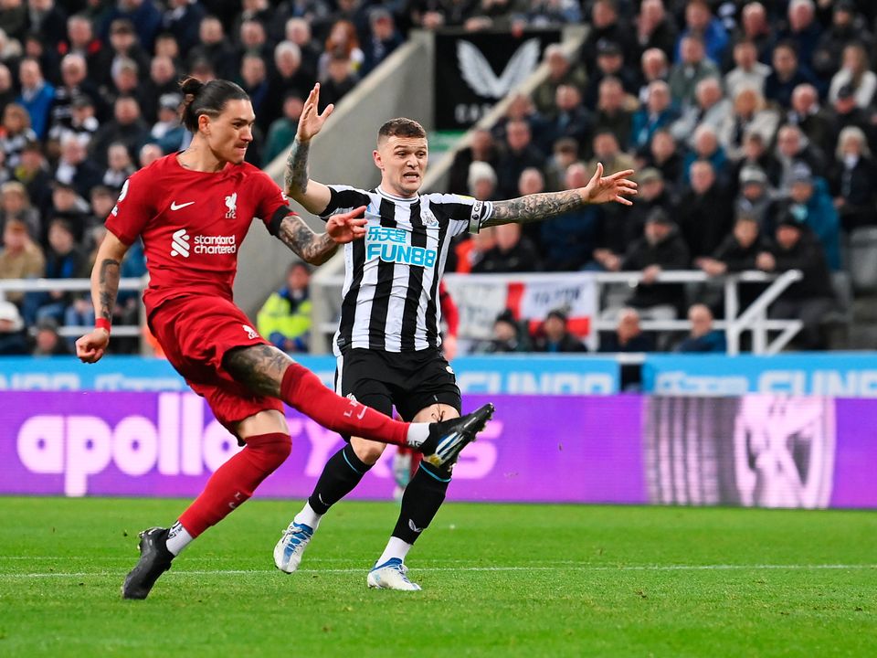 NEWCASTLE UPON TYNE, ENGLAND - FEBRUARY 18: Darwin Nunez of Liverpool scores the team's first goal during the Premier League match between Newcastle United and Liverpool FC at St. James Park on February 18, 2023 in Newcastle upon Tyne, England. (Photo by Stu Forster/Getty Images)