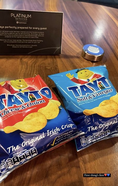 She picked up some Tayto crisps as she relaxed in her private suite at Dublin Airport