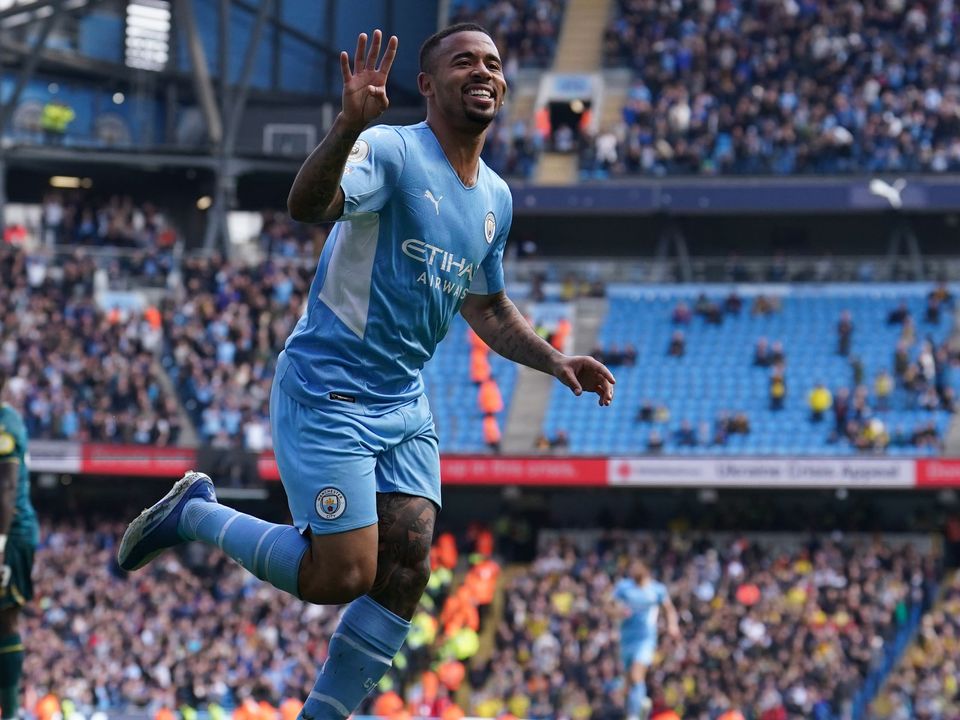 Gabriel Jesus celebrates his fourth goal in Manchester City’s win against Watford (Martin Rickett/PA)