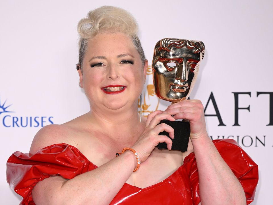  Siobhán McSweeney poses in the winners room with the Female Performance in a Comedy Programme Award for 'Derry Girls' at the 2023 BAFTA