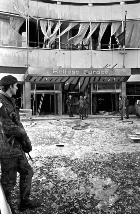 Soldiers looking over the extensive damage caused to the Europa Hotel, Belfast, following a bomb explosion in 1975