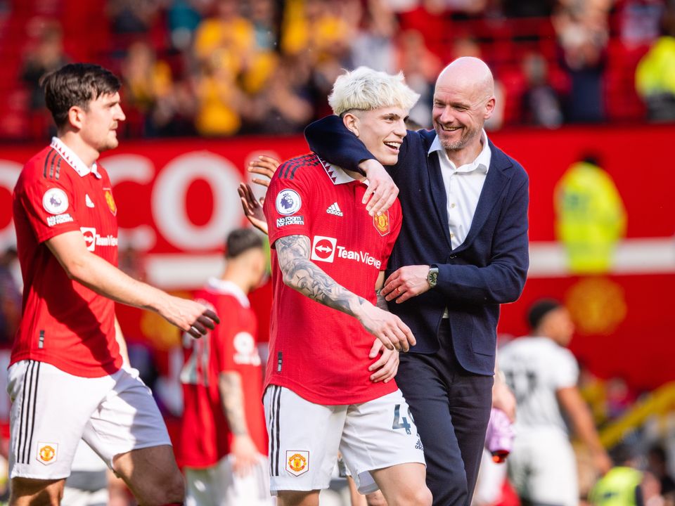 Manchester United Head Coach / Manager Erik ten Hag reacts to Alejandro Garnacho after his goal against Wolves. (Photo by Ash Donelon/Manchester United via Getty Images)