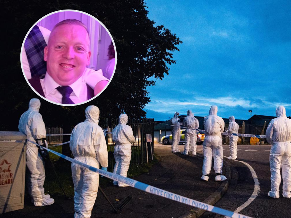 Searches have been carried out in west Belfast following the murder of Sean Fox (inset)