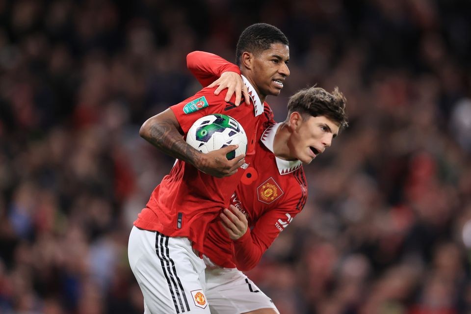 MANCHESTER, ENGLAND - NOVEMBER 10: Marcus Rashford of Manchester United (L) celebrates with Alejandro Garnacho of Manchester United after scoring their 2nd goal during the Carabao Cup Third Round match between Manchester United and Aston Villa at Old Trafford on November 10, 2022 in Manchester, England. (Photo by Simon Stacpoole/Offside/Offside via Getty Images)