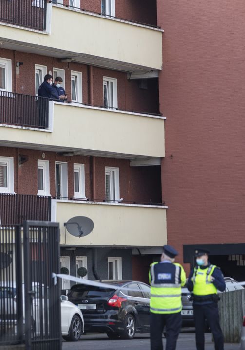 Gardaí at the Bernard Curtis House apartments in Bluebell, Dublin after the shooting