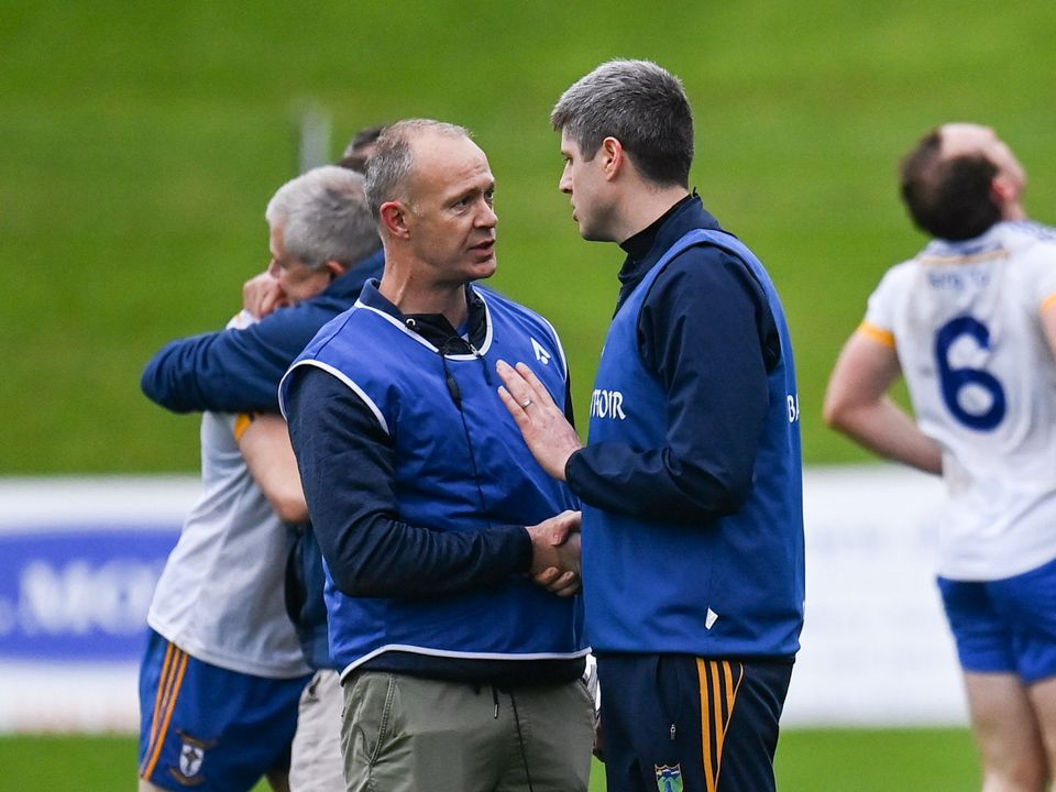 Summerhill manager Conor Gillespie, right, and Ratoath manager David Brady shake hands after the Meath County SFC Final. Photo: Harry Murphy/Sportsfile