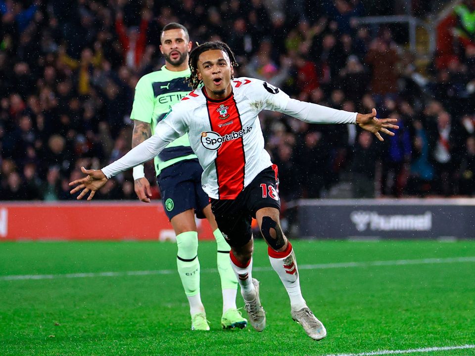Sekou Mara of Southampton celebrates after scoring their side's first goal during the Carabao Cup Quarter Final match between Southampton and Manchester City at St Mary's Stadium on January 11, 2023 in Southampton, England. (Photo by Michael Steele/Getty I