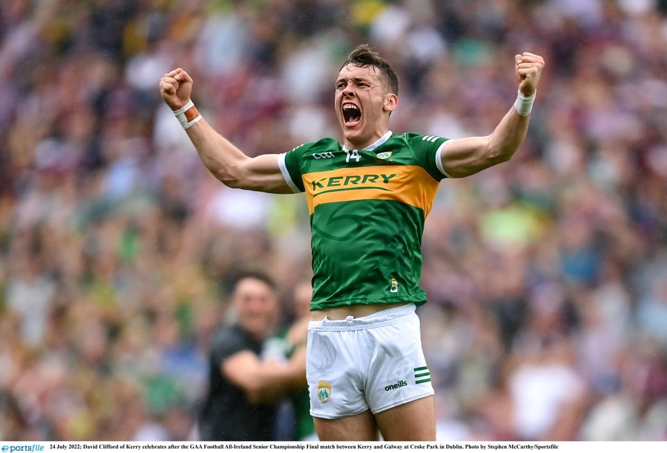 David Clifford celebrates Kerry's All-Ireland final win. Photo: Stephen McCarthy/Sportsfile