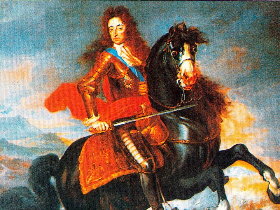 King William of Orange with his rapier across the neck of a visibly concerned horse