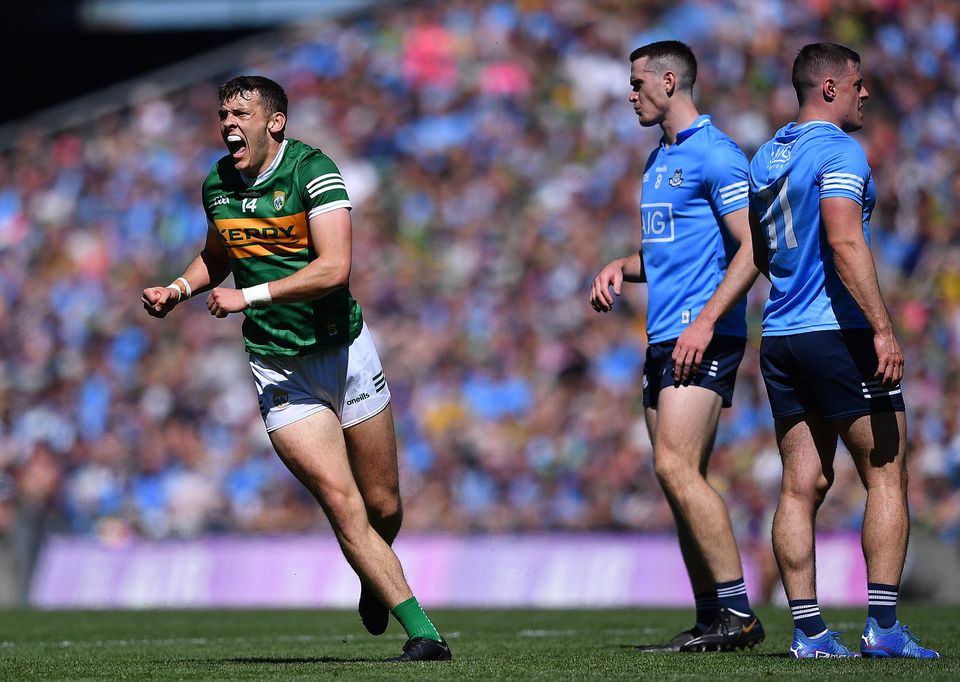 David Clifford of Kerry celebrates after scoring a point against Dublin in last year's All-Ireland semi-final. Photo: Piaras Ó Mídheach/Sportsfile
