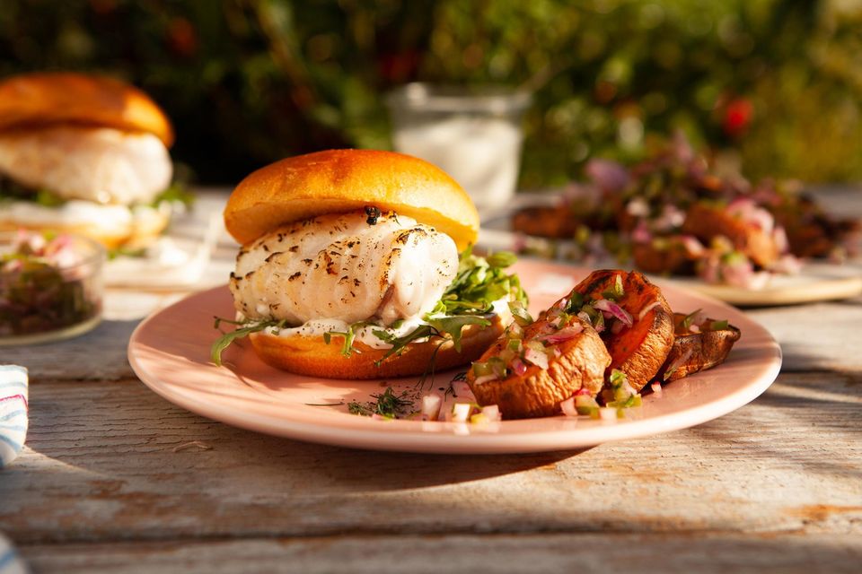 Grilled Monkfish Burger with Dill and Caper Sour Cream