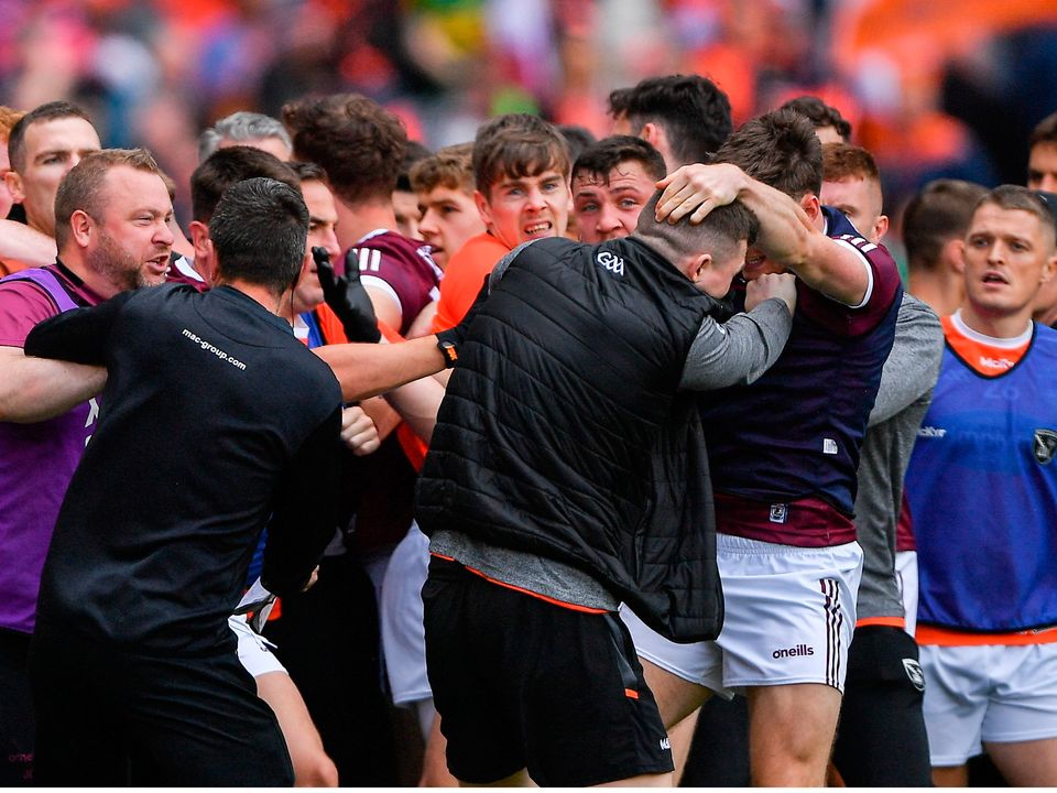 Scenes like this from last Sunday’s Armagh v Galway clash will keep happening unless there is a major shift in GAA thinking. Photo: Sportsfile