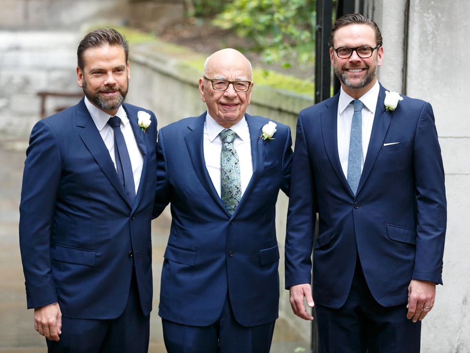 Rupert with his two sons, Lachlan and James, at his wedding to Jerry Hall