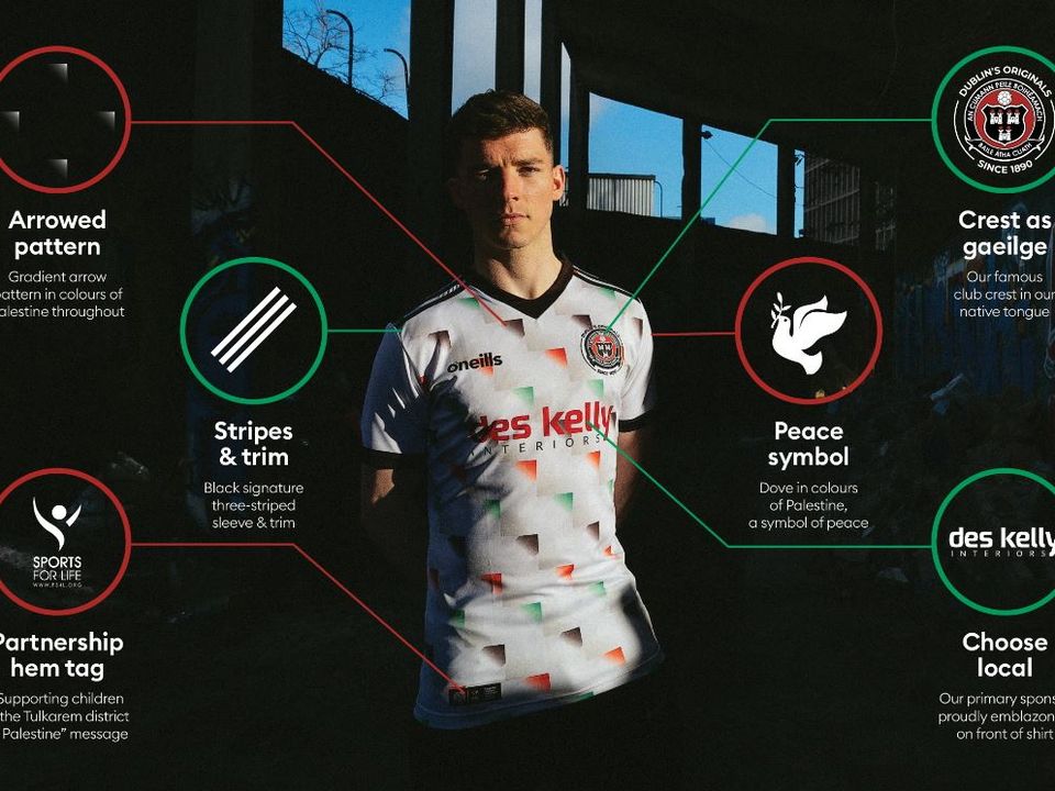 The jersey includes the Palestinian colours and features a dove icon.
