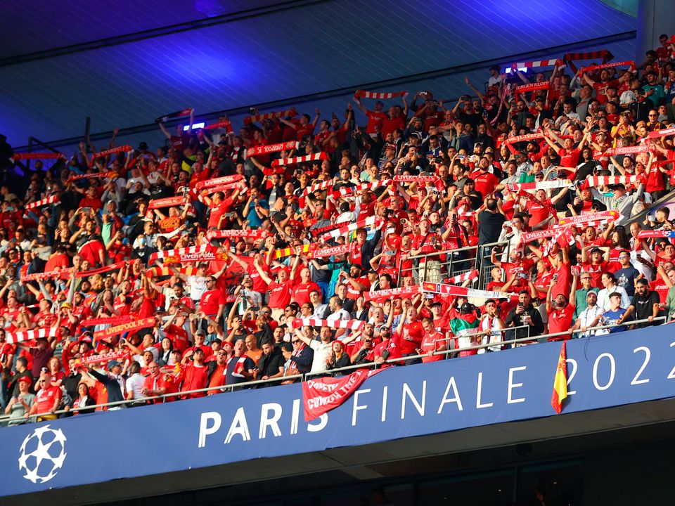 Liverpool fans show their support prior to the UEFA Champions League final match between Liverpool FC and Real Madrid at Stade de France on May 28, 2022 in Paris, France. (Photo by Catherine Ivill/Getty Images)