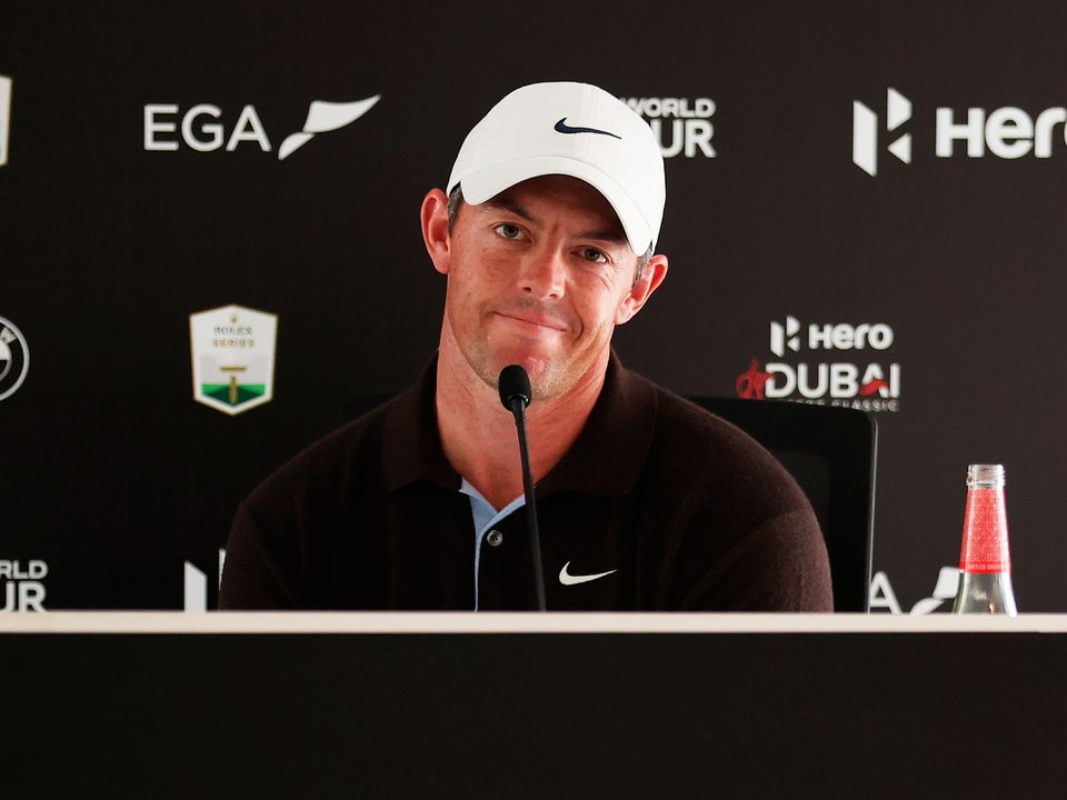 Rory McIlroy of Northern Ireland looks on in a press conference prior to the Hero Dubai Desert Classic at Emirates Golf Club on January 25, 2023 in Dubai, United Arab Emirates. (Photo by Warren Little/Getty Images)