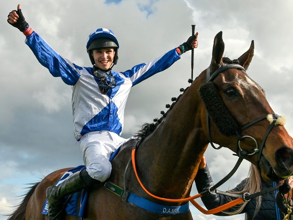 Jockey Paddy O'Hanlon celebrates after riding Lord Lariat to victory in the BoyleSports Irish Grand National Steeplechase during day three of the Fairyhouse Easter Festival at Fairyhouse Racecourse in Ratoath, Meath. Photo: Seb Daly/Sportsfile