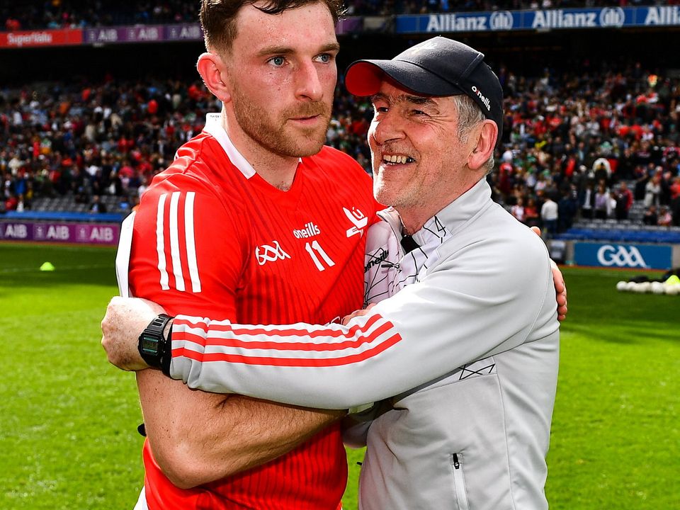 30 April 2023; Louth manager Mickey Harte, right, celebrates with Sam Mulroy of Louth after the Leinster GAA Football Senior Championship Semi Final match between Louth and Offaly at Croke Park in Dublin. Photo by Ben McShane/Sportsfile