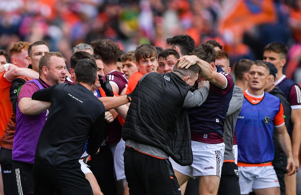 Players and officials from Armagh and Galway become embroiled in a melee during the All-Ireland quarter-final. Photo: Ray McManus/Sportsfile