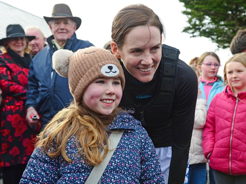 Gold Cup winner Rachael Blackmore is welcomed home to Thurles by young fan Leah Mulraney after her record-breaking week at the Cheltenham Festival. Picture by Healy Racing