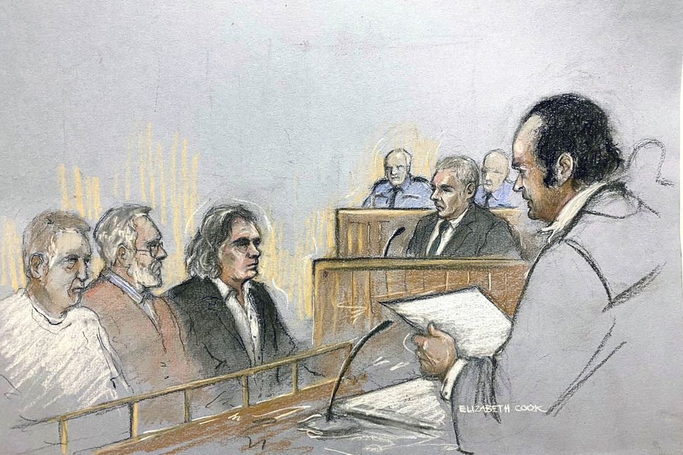 Court artist sketch by Elizabeth Cook of Jonathan Dowdall giving evidence in the trial of Gerry 'The Monk' Hutch (third left) for the murder of David Byrne