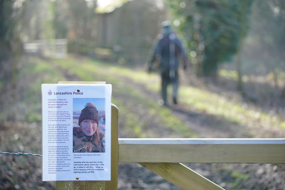 A missing person notice attached to a gate in St Michael’s on Wyre, Lancashire, where officers from Lancashire Police are searching for Nicola Bulley, 45, from Inskip (Peter Byrne/PA)