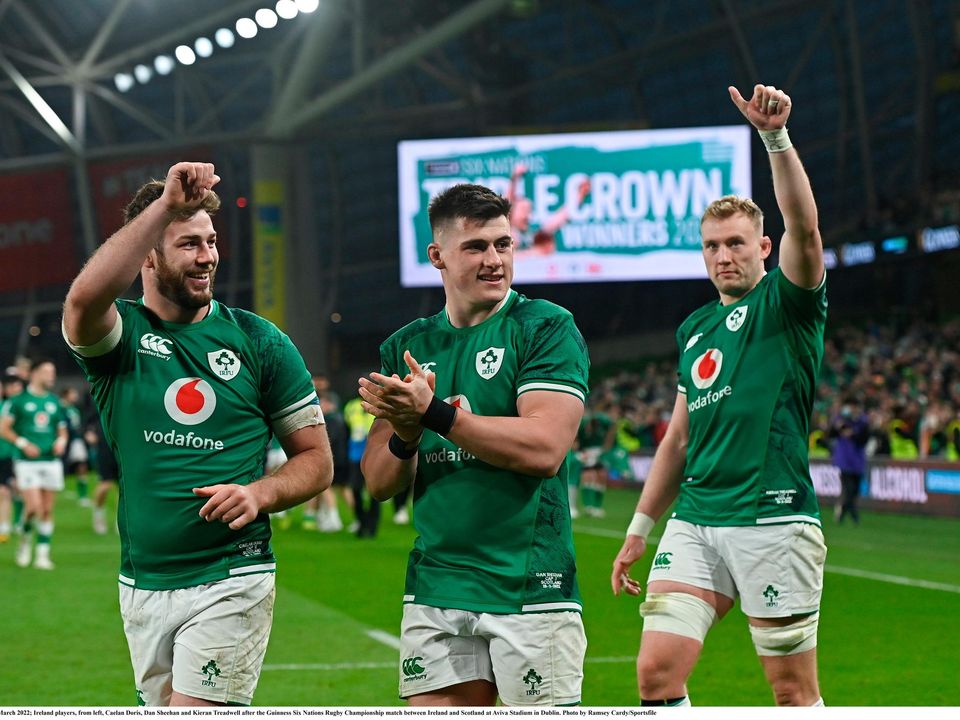 Ireland players, from left, Caelan Doris, Dan Sheehan and Kieran Treadwell after the Guinness Six Nations Rugby Championship match between Ireland and Scotland at Aviva Stadium in Dublin. Photo by Ramsey Cardy/Sportsfile