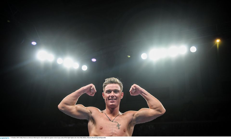 Paddy Donovan celebrates following his welterweight bout against Arturo Lopez at the MTK Fight Night in the Ulster Hall, Belfast. Photo by David Fitzgerald/Sportsfile