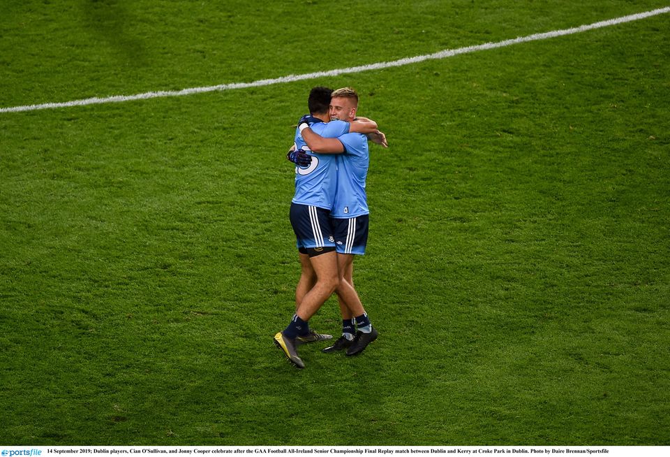 Dublin's Cian O'Sullivan (left), and Jonny Cooper celebrate after the 2019 All-Ireland SFC final replay victory over Kerry at Croke Park as the Dubs won a then historic five-in-a-row. Photo: Daire Brennan/Sportsfile